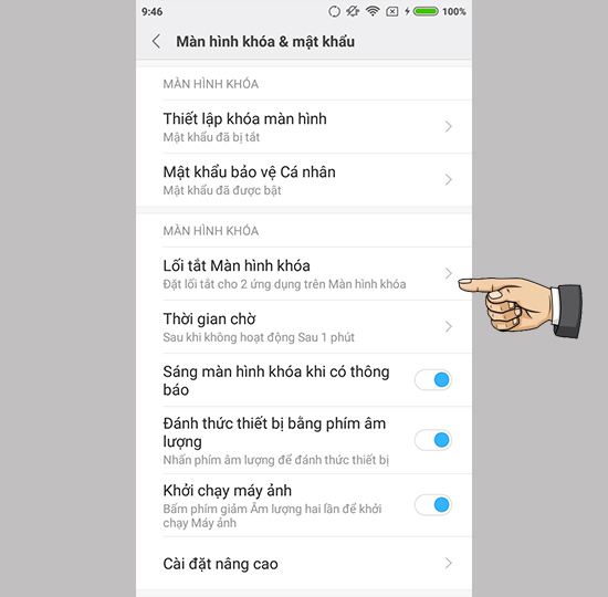 Vào lối tắt màn hình khóa